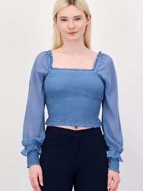 NWT 1.STATE Blue Square-Neck Smocked Sheer Balloon-Sleeve Blouse XL